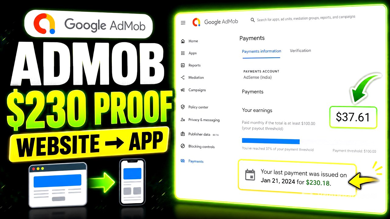 Maine AdMob Se $230 Kamaye 😱 Website Ko App Banakar Paise Kaise Kamaye