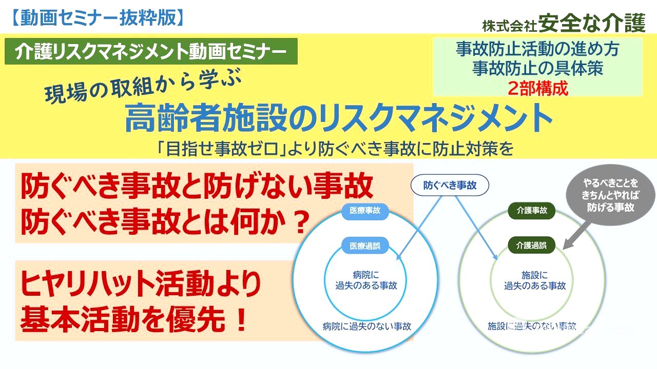 【介護リスクマネジメント動画】高齢者施設のリスクマネジメント　事故防止活動やヒヤリハット活動の進め方、事故発生時の対応の他、転倒・誤えん・誤薬・異食・行方不明・家族トラブル防止策など具体策が満載