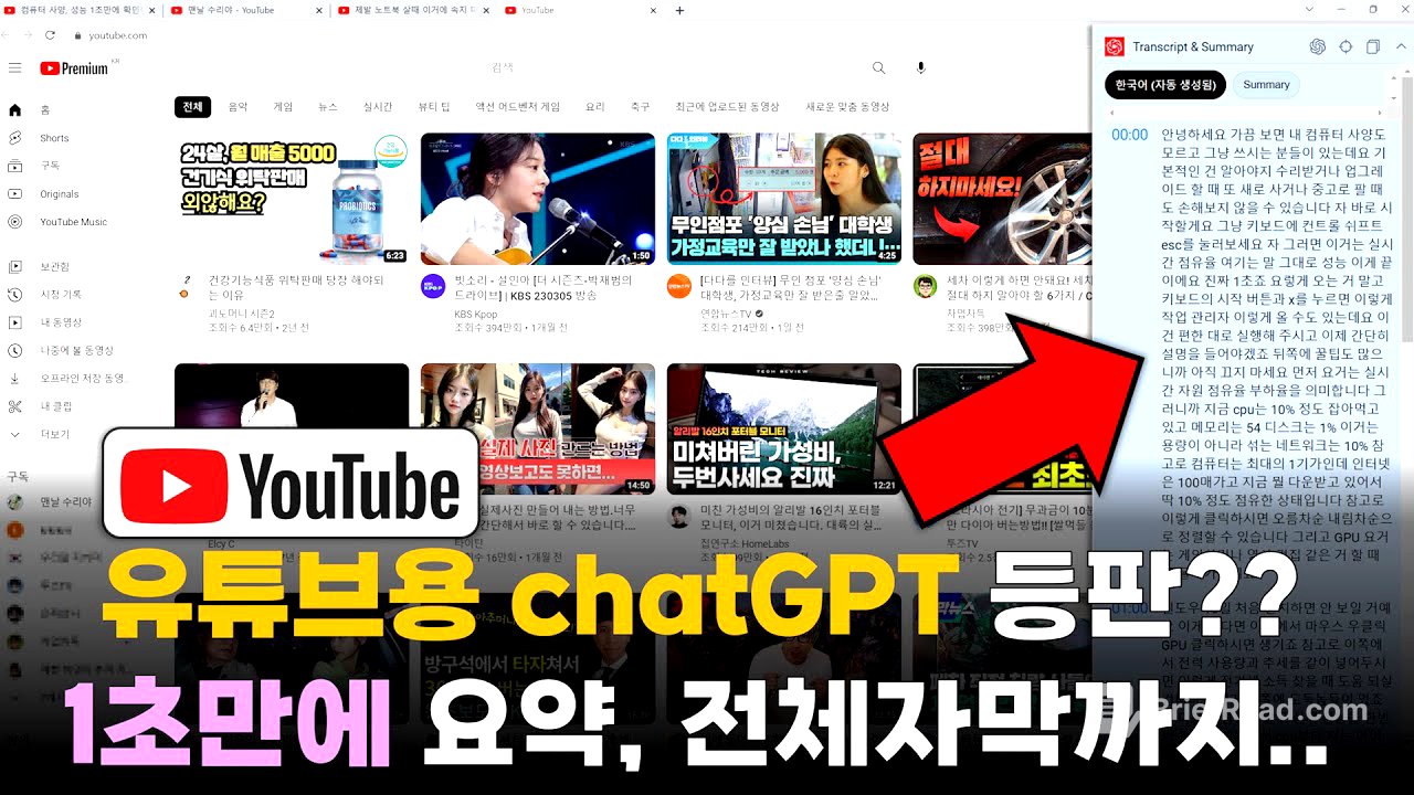 이래도 되는겨? 이젠 chatGPT가 유튜브도 1초만에 요약, 통자막까지 보여줍니다;;