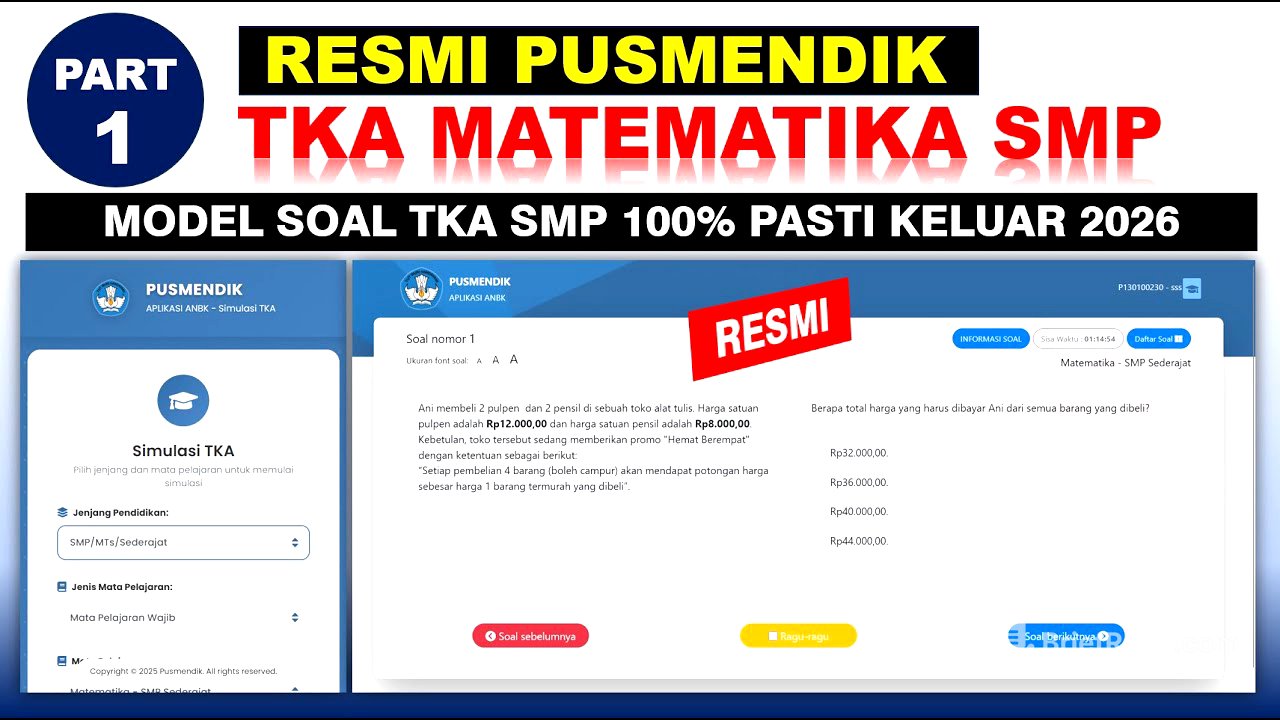 RESMI PUSMENDIK Pembahasan Soal TKA Matematika SMP MTs 2026 sesuai Kisi-kisi Kemdikbud Part-1