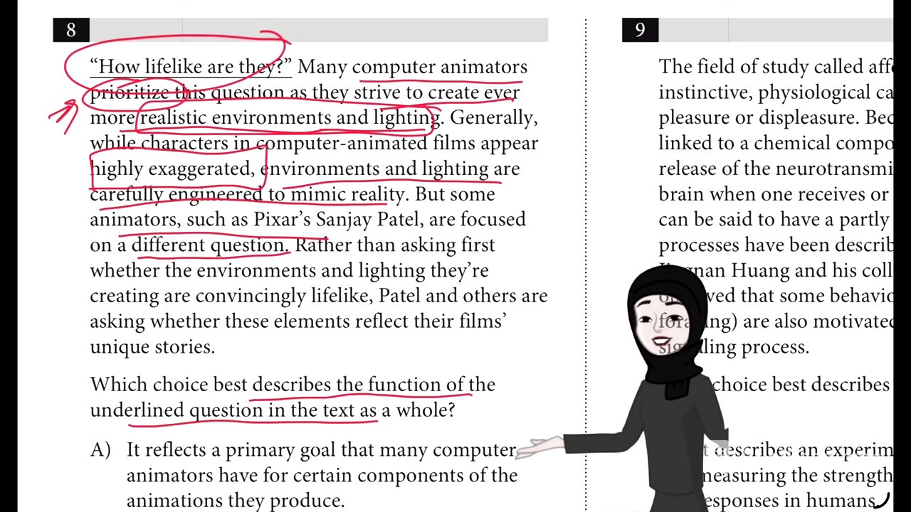 PSAT practice test 1 Question 8 module 1 Reading & Writing  computer animators prioritize
