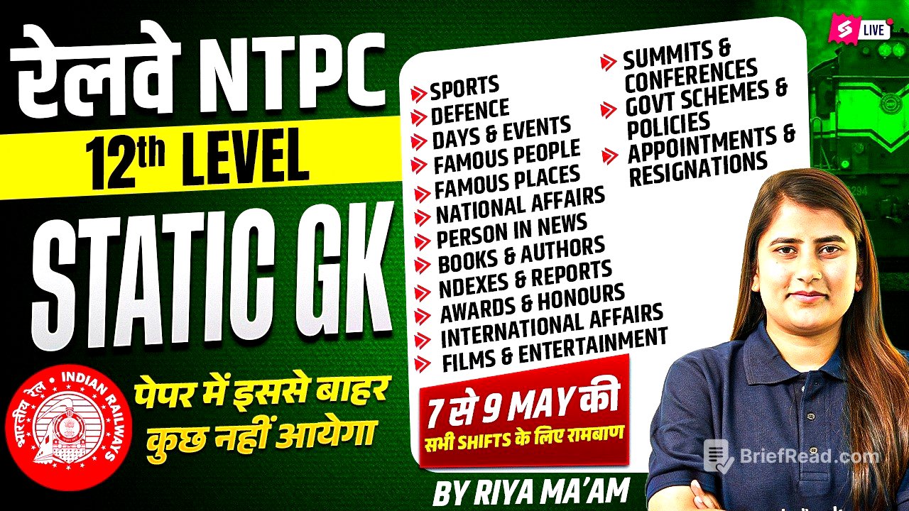 RRB NTPC 2026 | RRB NTPC 12th Level Static GK Practice Set, RRB Group D & RPF Static GK by Riya mam