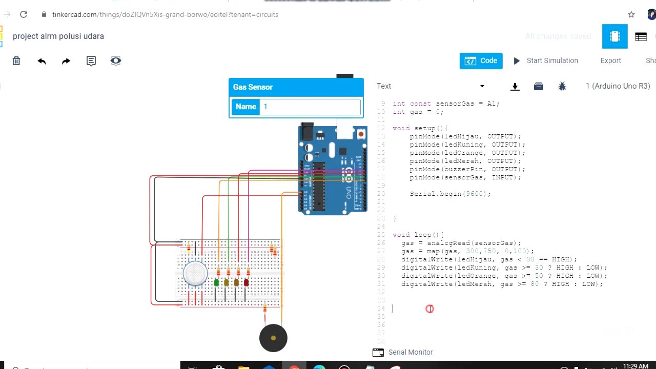 PROJECT ALARM PENDETEKSI POLUSI UDARA MENGGUNAKAN TINKERCAD