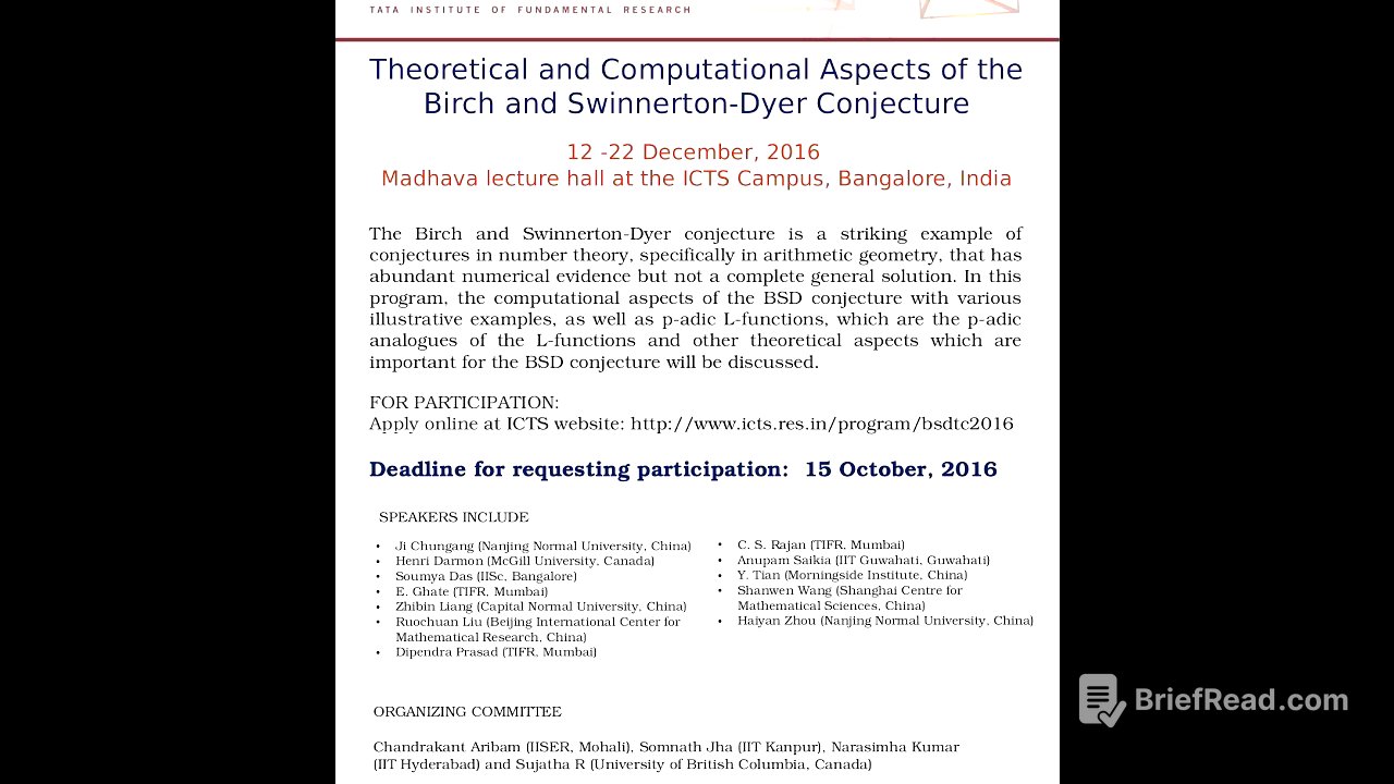 Introduction to elliptic curves and BSD Conjecture by Sujatha Ramadorai