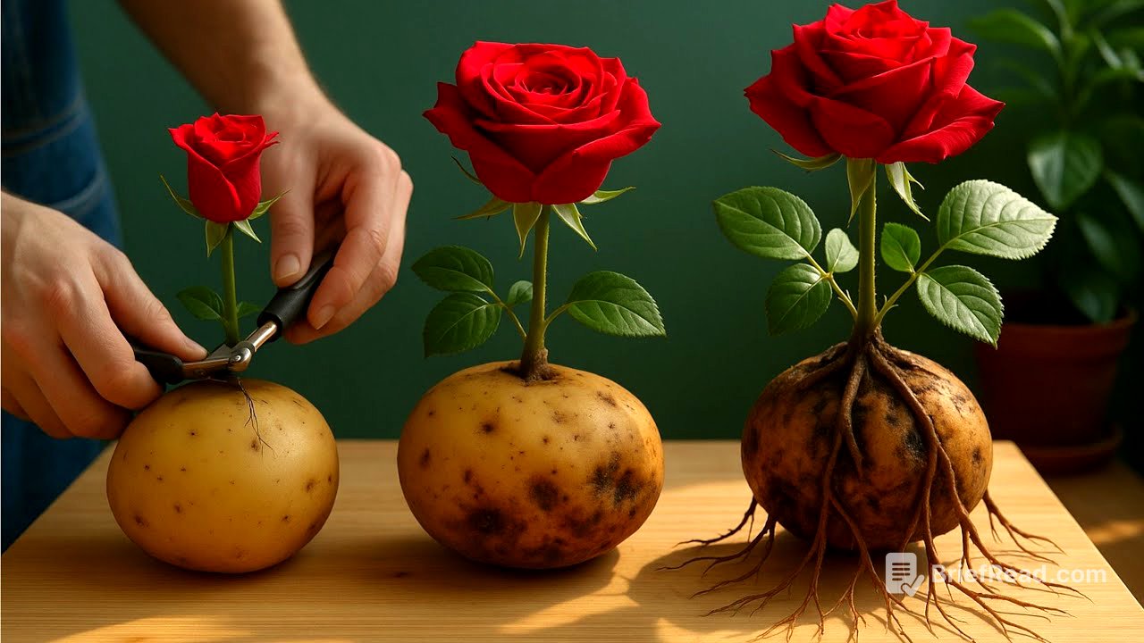 Stick a rose in a potato/ The rose immediately grows 999 roots in just 1 night